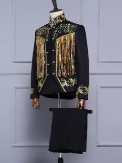 Ensemble de costumes rétro pour homme noir vintage boutons franges manches longues