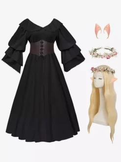 Ensemble de costumes rétro médiévaux pour femmes en polyester à volants Marie Antoinette