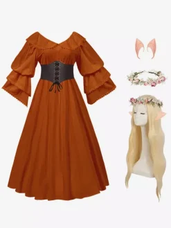Ensemble de costumes rétro médiévaux pour femmes en polyester à volants Marie Antoinette