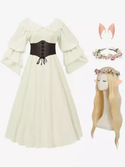 Ensemble de costumes rétro médiévaux pour femmes en polyester à volants Marie Antoinette