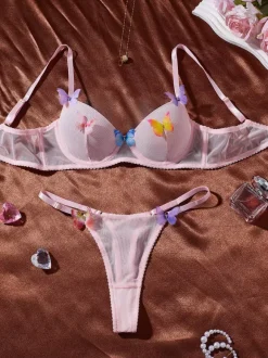 Ensemble de lingerie 3 pièces rose papillon multicolore soutien-gorge culotte