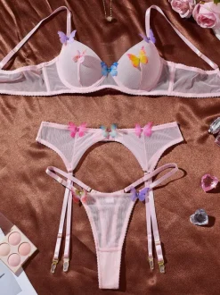 Ensemble de lingerie 3 pièces rose papillon multicolore soutien-gorge culotte