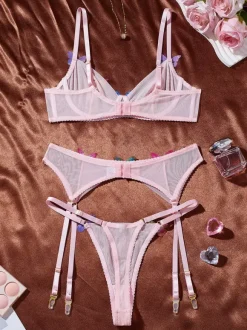 Ensemble de lingerie 3 pièces rose papillon multicolore soutien-gorge culotte