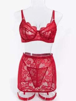 Ensemble de lingerie 3 pièces bordeaux en dentelle florale soutien-gorge culotte et jupe bleu marine foncé idéal pour la Saint-Valentin