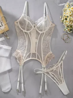 Ensemble de lingerie 3 pièces en dentelle florale transparente avec jarretière et corset