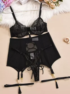 Ensemble de lingerie 4 pièces en dentelle transparente brodée soutien-gorge et culotte noirs