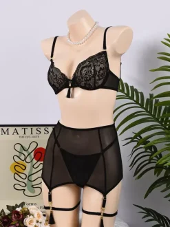 Ensemble de lingerie 4 pièces en dentelle transparente brodée soutien-gorge et culotte noirs