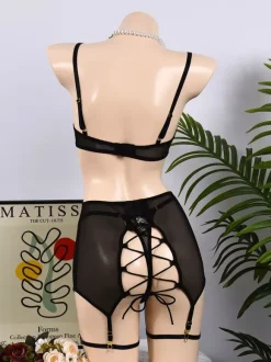 Ensemble de lingerie 4 pièces en dentelle transparente brodée soutien-gorge et culotte noirs