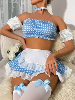 Ensemble de lingerie 4 pièces à pois épaules dénudées de soubrette française