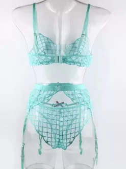 Ensemble De Lingerie Chic Résille Bleu Cyan 3 Pièces Culotte Porte-Jarretelles