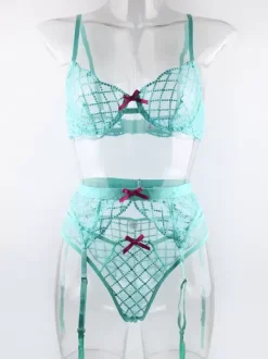 Ensemble De Lingerie Chic Résille Bleu Cyan 3 Pièces Culotte Porte-Jarretelles