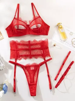 Ensemble de lingerie dos nu 4 pièces avec soutien-gorge culotte et corset noirs sexy pour adultes