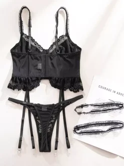 Ensemble de lingerie en dentelle noire 2 pièces : soutien-gorge bustier en dentelle transparente noire culotte et porte-jarretelles