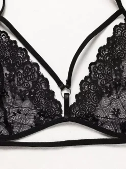 Ensemble de lingerie noire 2 pièces en dentelle sexy brodée soutien-gorge string à col licou