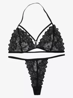 Ensemble de lingerie noire 2 pièces en dentelle sexy brodée soutien-gorge string à col licou