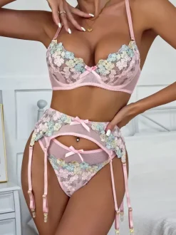 Ensemble De Lingerie Rose Sexy 3 Pièces Soutien-Gorge Culotte Jarretière Femme