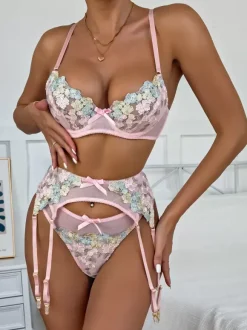Ensemble De Lingerie Rose Sexy 3 Pièces Soutien-Gorge Culotte Jarretière Femme