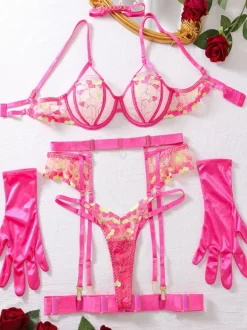 Ensemble de lingerie sexy rose 4 pièces soutien-gorge et culotte pour adulte