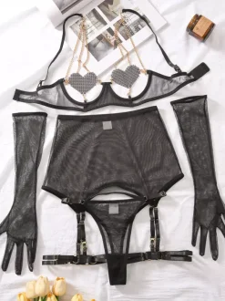 Ensemble de lingerie sexy rouge 5 pièces soutien-gorge et culotte pour adulte
