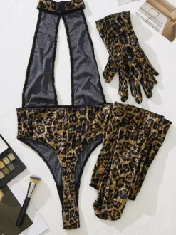 Ensemble de lingerie sexy 3 pièces pour femme imprimé léopard marron café