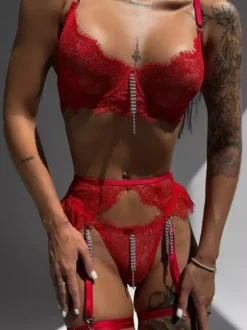 Ensemble de lingerie sexy 3 pièces en dentelle noire pour adulte avec soutien-gorge et culotte