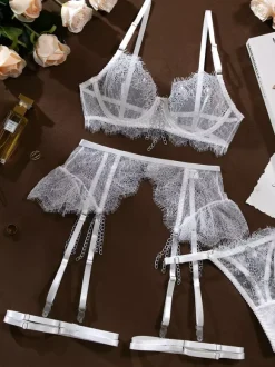 Ensemble de lingerie sexy 3 pièces en dentelle noire pour adulte avec soutien-gorge et culotte