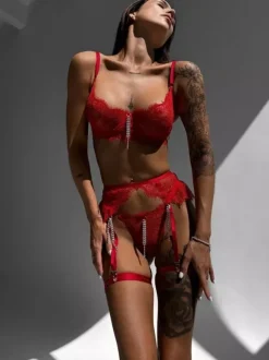 Ensemble de lingerie sexy 3 pièces en dentelle noire pour adulte avec soutien-gorge et culotte