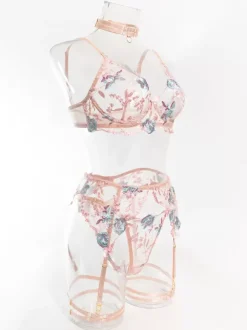 Ensemble De Lingerie Sexy Brodée Rose 4 Pièces Soutien-Gorge Porte-Jarretelles