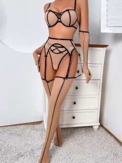 Ensemble de lingerie sexy 5 pièces soutien-gorge et culotte pour adulte noir