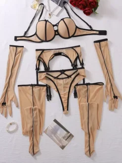Ensemble de lingerie sexy 5 pièces soutien-gorge et culotte pour adulte noir