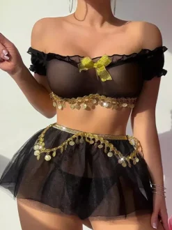 Ensemble de lingerie sexy dos nu en dentelle noire 3 pièces tenue de danse soutien-gorge et culotte