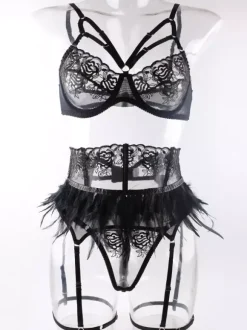 Ensemble de lingerie sexy 3 pièces dos nu en dentelle noire pour adulte