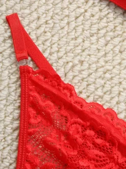 Ensemble de lingerie sexy 2 pièces à imprimé floral avec boutons transparents et soutien-gorge et culotte roses