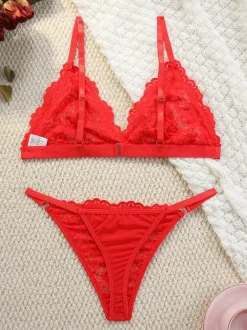 Ensemble de lingerie sexy 2 pièces à imprimé floral avec boutons transparents et soutien-gorge et culotte roses