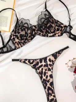 Ensemble de lingerie transparente à léopard noir 2 pièces femme