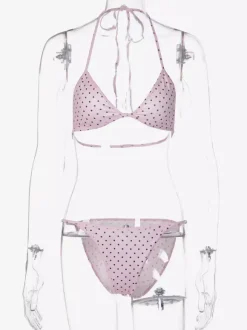 Ensemble de maillot de bain 3 pièces à pois roses pour femme - Micro bikini triangle avec jupe fendue sur le côté et paréo - Été 2026
