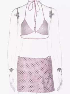 Ensemble de maillot de bain 3 pièces à pois roses pour femme - Micro bikini triangle avec jupe fendue sur le côté et paréo - Été 2026