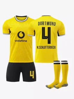 Ensemble de maillots de football domicile 4 pièces Borussia Dortmund 26/27 n° 10 Reus et n° 27 Brandt pour enfants et adultes.