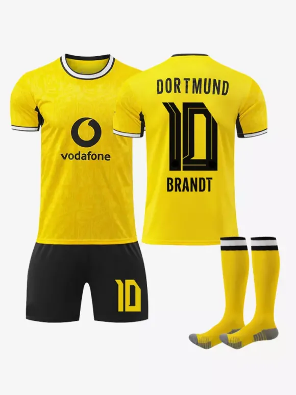 Ensemble de maillots de football domicile 4 pièces Borussia Dortmund 26/27 n° 10 Reus et n° 27 Brandt pour enfants et adultes.