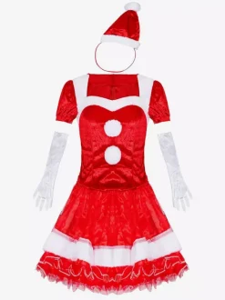 Ensemble De Noël Femmes Robe Rouge Gants Chapeau Costumes Noël Déguisement