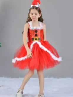 Ensemble de Noël pour fille Robe rouge Cape Chapeau Polyester Costumes de vacances de Noël