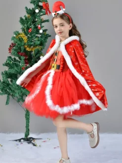 Ensemble de Noël pour fille Robe rouge Cape Chapeau Polyester Costumes de vacances de Noël