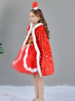 Ensemble de Noël pour fille Robe rouge Cape Chapeau Polyester Costumes de vacances de Noël