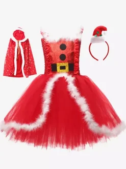 Ensemble de Noël pour fille Robe rouge Cape Chapeau Polyester Costumes de vacances de Noël