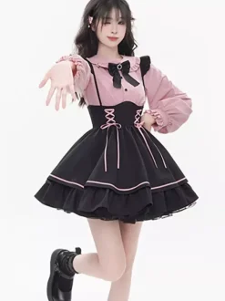 Ensemble de pièces de remorquage Subculture jupe mignonne à lacets avec volants mini-jupe taille haute Yami Kawaii pour femmes produite en série