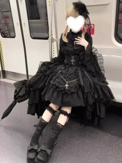 Ensemble de robes gothiques lolita noires à lacets manches longues et volants