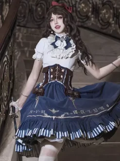 Ensemble de robes Lolita gothiques bleu marine foncé à volants et manches courtes