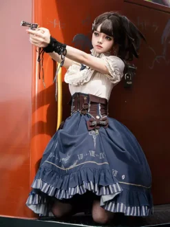 Ensemble de robes Lolita gothiques bleu marine foncé à volants et manches courtes