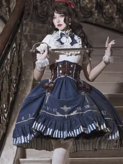 Ensemble de robes Lolita gothiques bleu marine foncé à volants et manches courtes