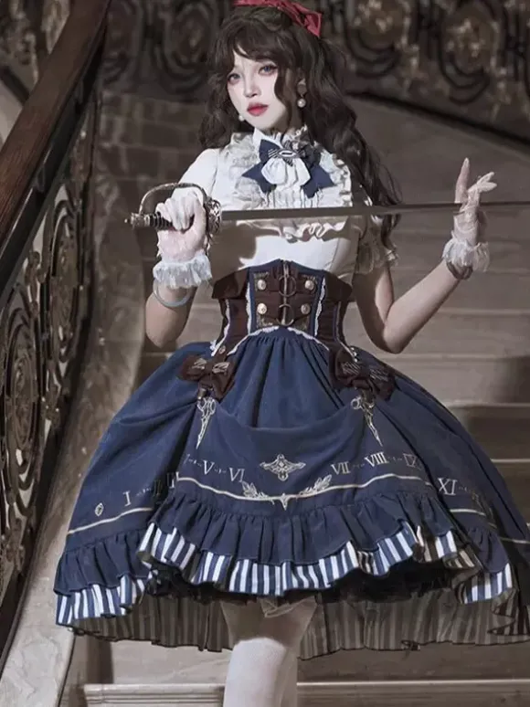 Ensemble de robes Lolita gothiques bleu marine foncé à volants et manches courtes